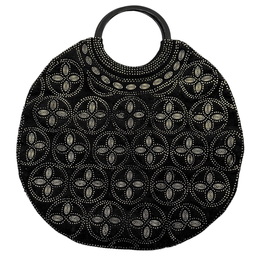 Vintage Black Gold Beaded Statement Round Handbag Gold Studded Circle Handle Bag